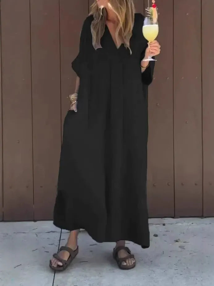 Damen Maxi Kleid – Baumwolle – Lockerer Schnitt – V-Ausschnitt – Kurzarm Casual