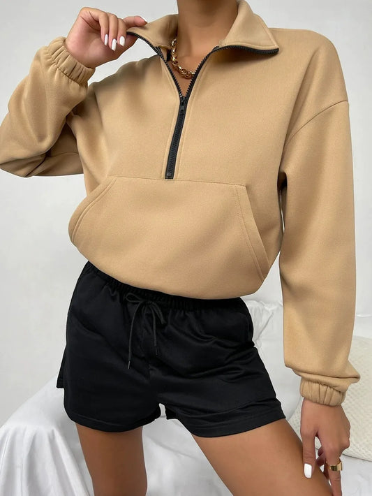 Damen Pullover – Fleece-Innenseite – Lockerer Schnitt – Stehkragen – Reißverschluss – Kängurutasche – Elastische Ärmelbündchen