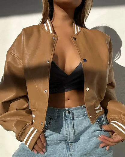 Damen Lederjacke – Cropped Schnitt – Strukturierte Passform – Druckknopf – Rippdetails