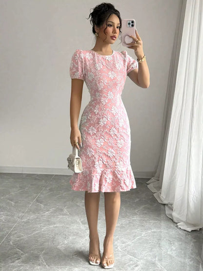 Damen Midi Kleid – Jacquardstruktur – Puffärmel – Tailliert – Rundhals Vintage Stil