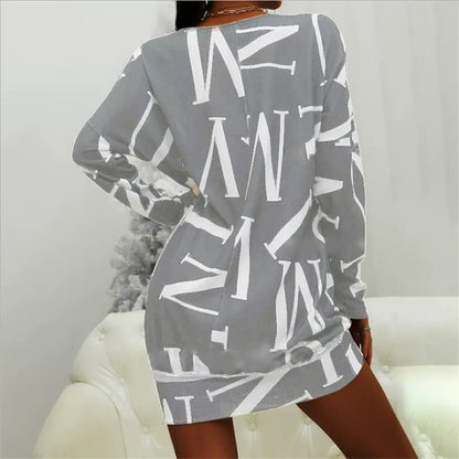 Damen Freizeitkleid – Relaxed Fit – Baumwollmix – Langarm – Mini – Letterprint