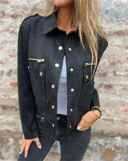 Damen Jacke – Strukturierte Passform – Velours-Optik – Zipper und Druckknöpfe