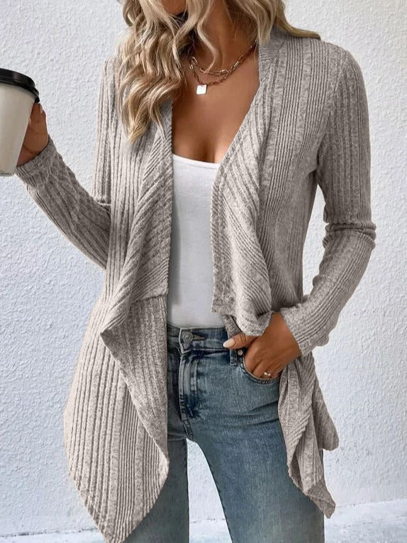 Damen Strickmantel – Wollmix – Lockerer Schnitt – Gerippt – Offene Front Drapiert