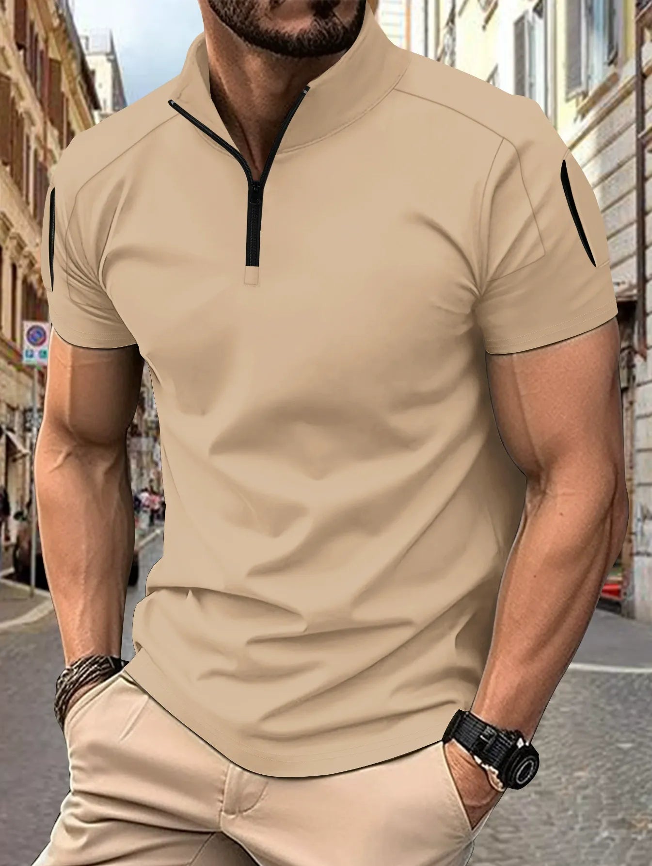 Herren Poloshirt – Slim Fit – Atmungsaktive Baumwollmischung – Zip-Kragen – Ärmeltaschen