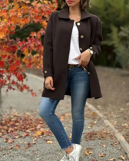 Damen Wollmantel – Oversize Passform – Knopfleiste – Mittellang – Reverskragen