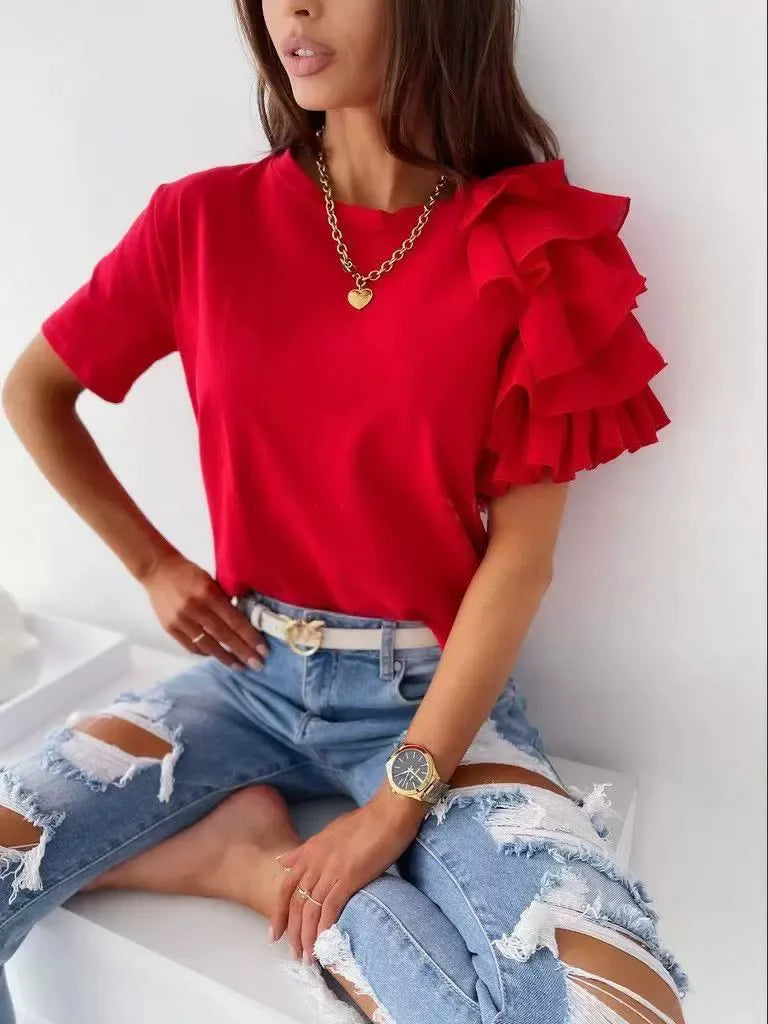 Damen T-Shirt – Baumwollmix – Lockerer Schnitt – Asymmetrischer Volantärmel