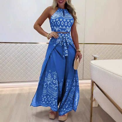 Damen Zweiteiler Set – Haltertop und Weite Hose – Retro Muster – Baumwolle – Taillengürtel