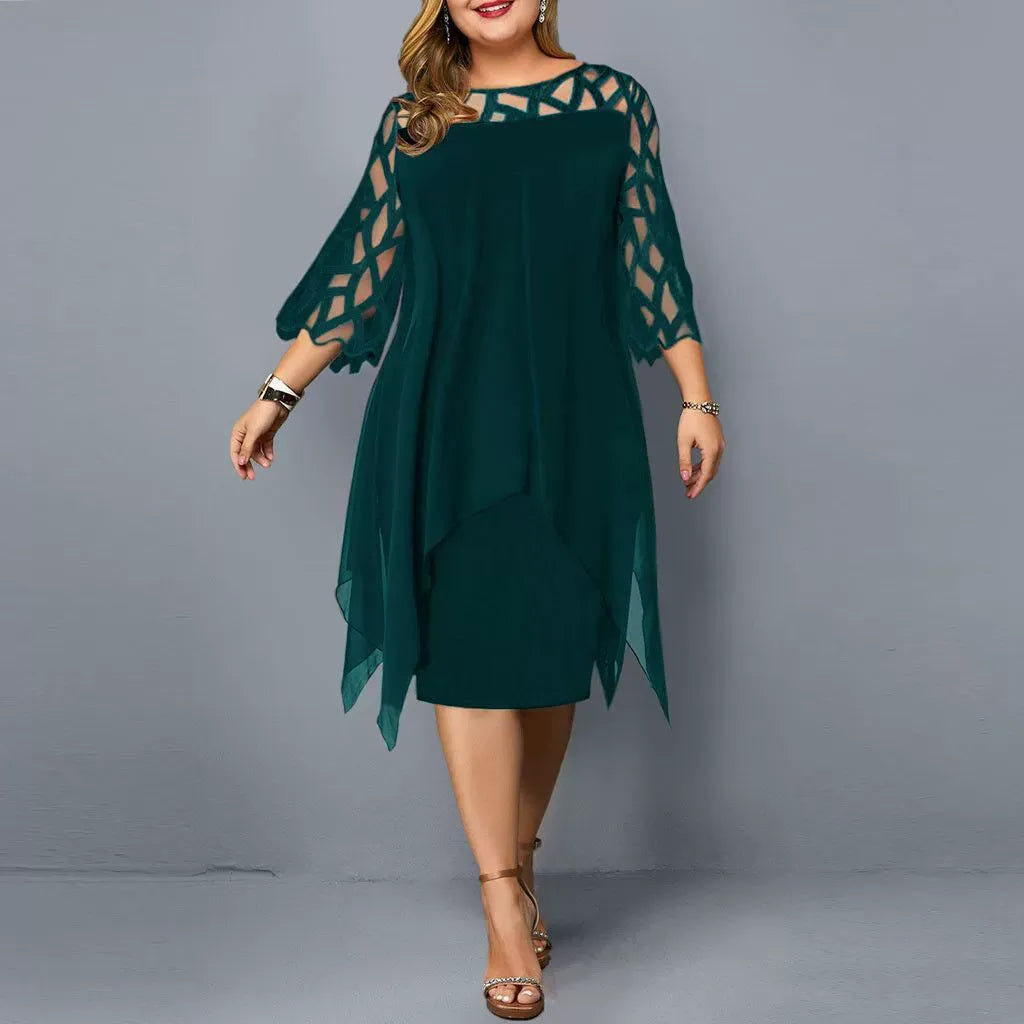 Damen Midikleid – Chiffon – Spitze – Asymmetrischer Saum – 3/4 Arm – Lockerer Schnitt