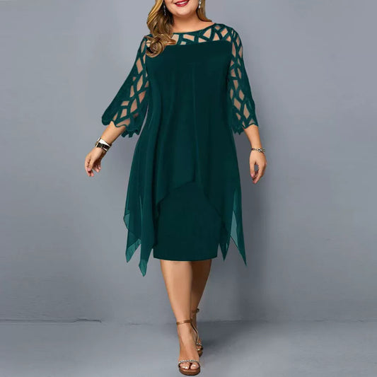 Damen Midikleid – Chiffon – Spitze – Asymmetrischer Saum – 3/4 Arm – Lockerer Schnitt