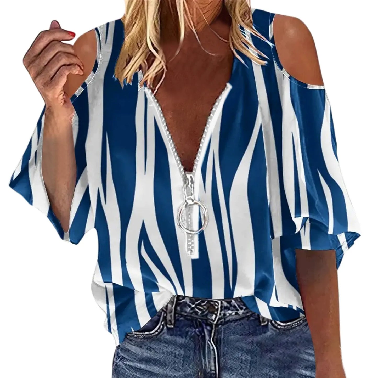 Damen Bluse – Off-Shoulder – Lockerer Schnitt – Zipper vorne – Künstlerischer Print