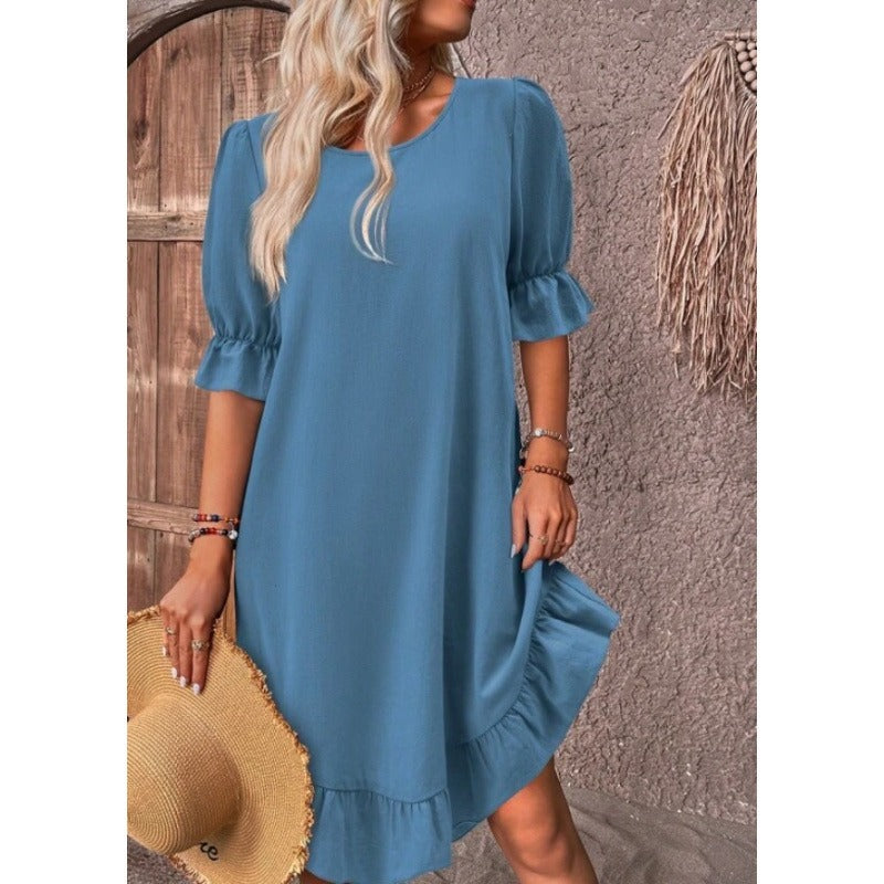 Damen A-Linienkleid – Baumwoll-Leinen – Rüschenbesatz – Mid Sleeve – Lockerer Schnitt
