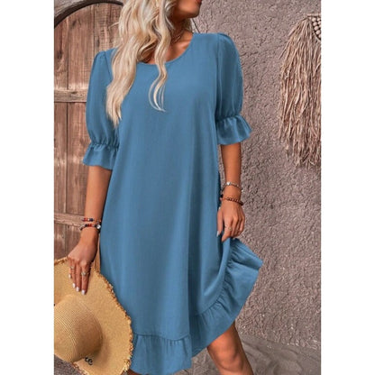 Damen A-Linienkleid – Baumwoll-Leinen – Rüschenbesatz – Mid Sleeve – Lockerer Schnitt