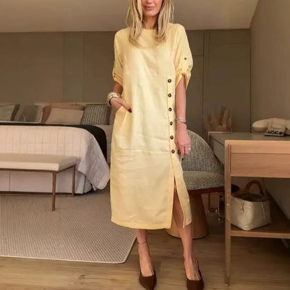 Damen Midikleid – Baumwoll Leinen – Lockerer Schnitt – Kurzarm – Knopfdetail