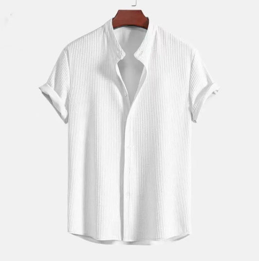 Herren Kurzarmhemd – Baumwolle Jacquard – Regular Fit – Stehkragen – Knopfleiste