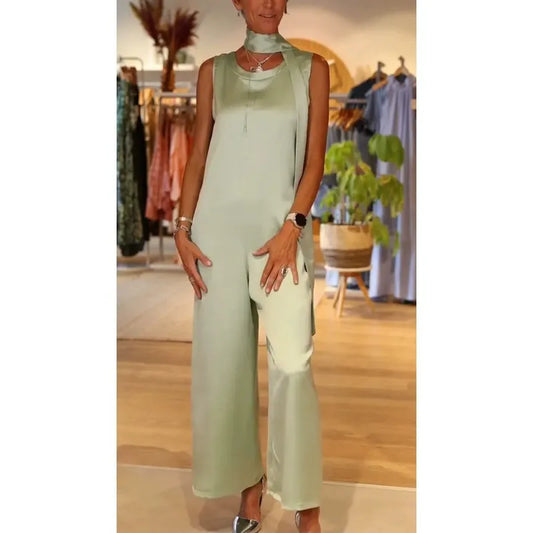 Damen Jumpsuit – Satinoptik – Lockerer Schnitt – Ärmellos – Drapierter Ausschnitt