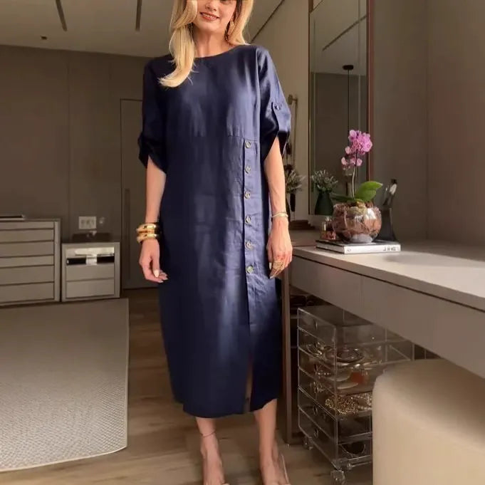 Damen Midikleid – Baumwoll Leinen – Lockerer Schnitt – Kurzarm – Knopfdetail