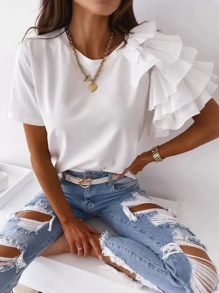 Damen T-Shirt – Baumwollmix – Lockerer Schnitt – Asymmetrischer Volantärmel
