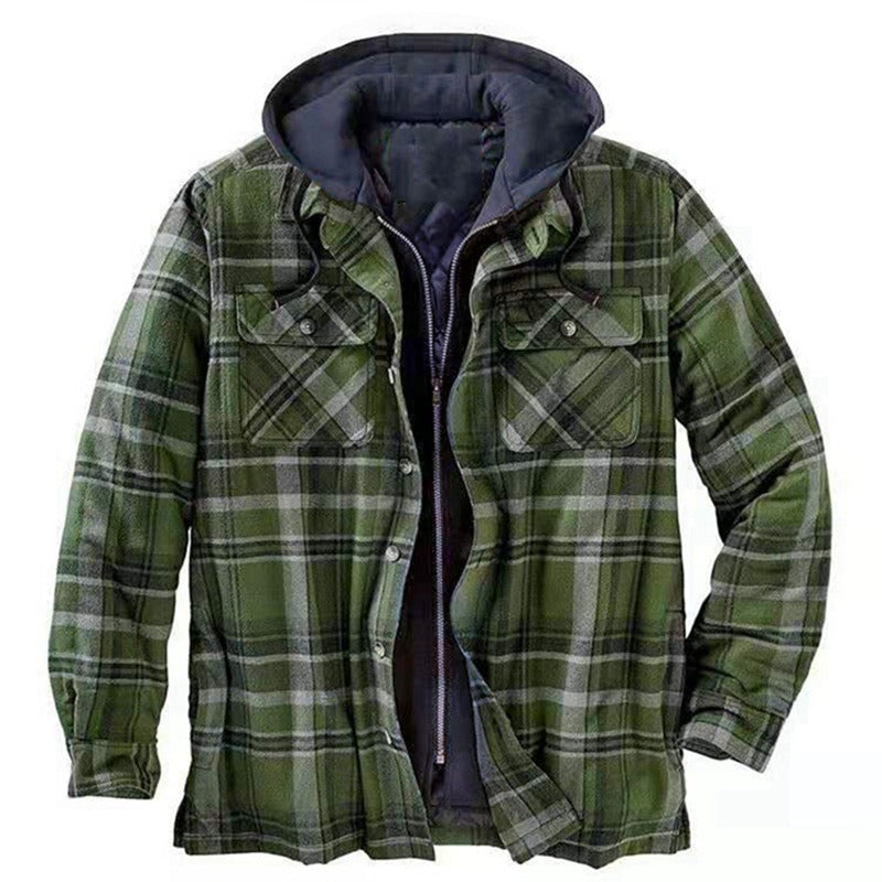 Herren Shirtjacke – Lockerer Schnitt – Flanell mit Steppfutter – Kapuze – Reißverschluss