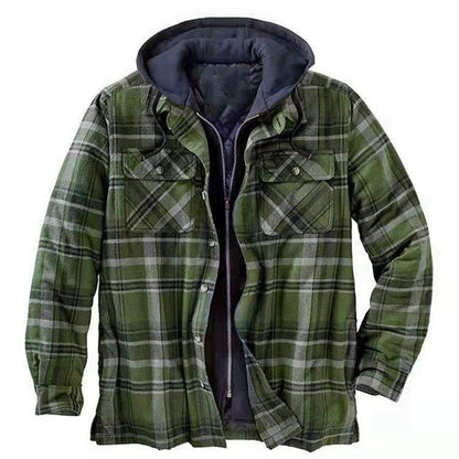 Herren Shirtjacke – Lockerer Schnitt – Flanell mit Steppfutter – Kapuze – Reißverschluss