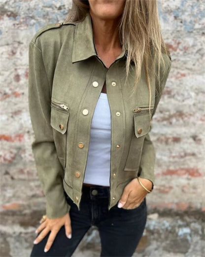 Damen Jacke – Strukturierte Passform – Velours-Optik – Zipper und Druckknöpfe
