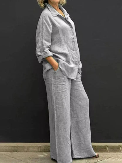 Damen Zweiteiler – Leinen – Lockerer Schnitt – Hemdbluse – Weite Hose – Freizeitlook