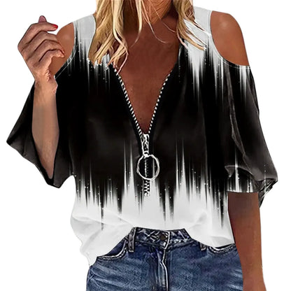 Damen Bluse – Off-Shoulder – Lockerer Schnitt – Zipper vorne – Künstlerischer Print