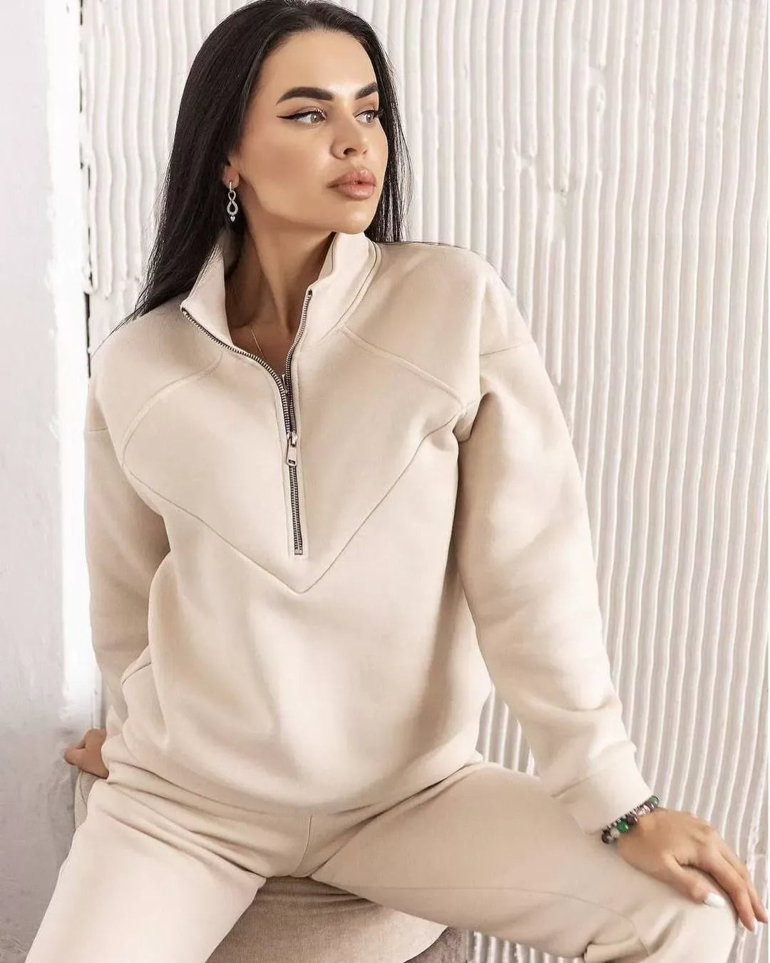 Damen Loungewear Set – Fleecepullover mit Halbreißverschluss – Jogginghose – Lockerer Schnitt