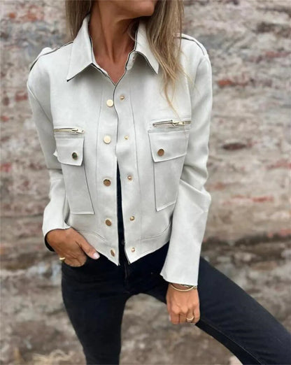 Damen Jacke – Strukturierte Passform – Velours-Optik – Zipper und Druckknöpfe
