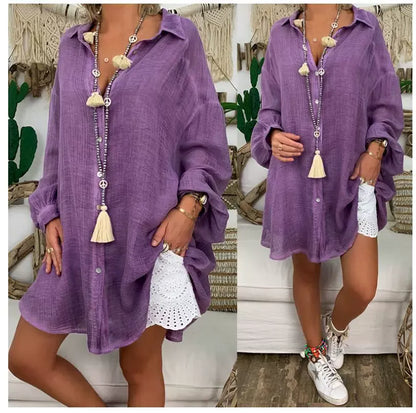 Damen Bluse – Oversized Fit – Langarm – Knopfleiste – Baumwolle-Leinen – Locker Casual