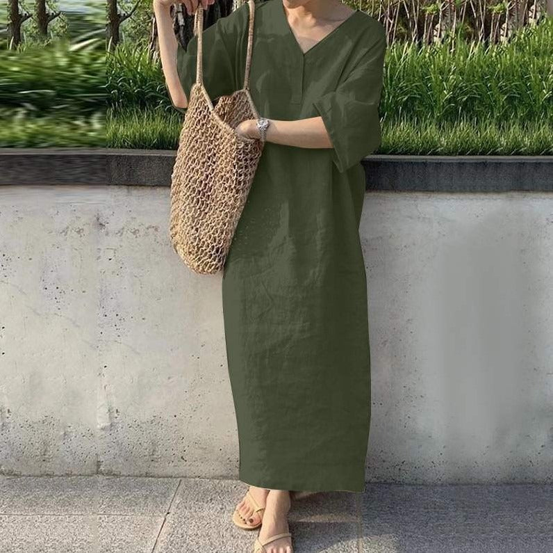 Damen Maxikleid – Baumwoll-Leinen – V-Ausschnitt – Kurzarm – Lockerer Schnitt