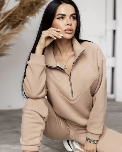 Damen Loungewear Set – Fleecepullover mit Halbreißverschluss – Jogginghose – Lockerer Schnitt