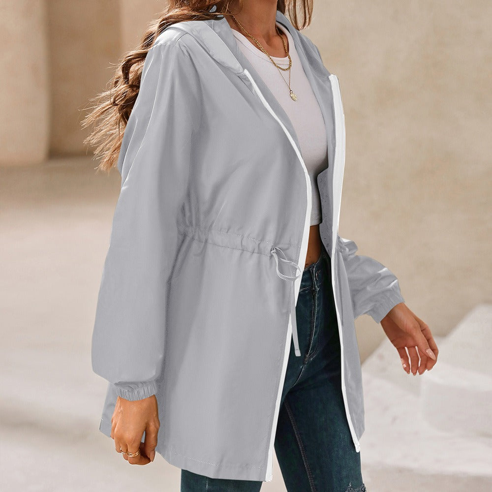 Damen Regenjacke – Wasserdicht Winddicht – Verstellbare Taille – Kapuze – Reißverschluss