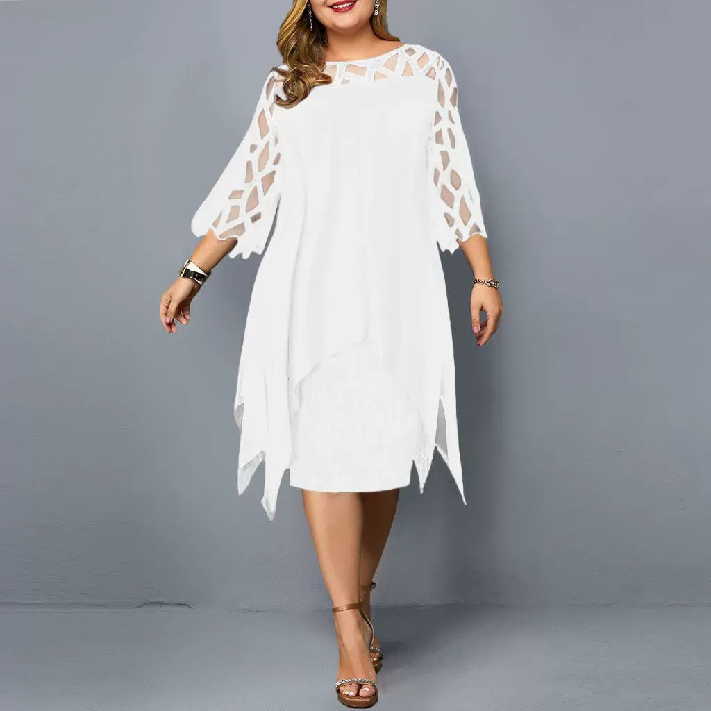 Damen Midikleid – Chiffon – Spitze – Asymmetrischer Saum – 3/4 Arm – Lockerer Schnitt