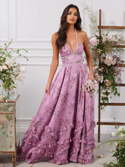 Damen Maxikleid – A-Linienform – Halterneck mit Perlen – Florales Design – Luxusstoff