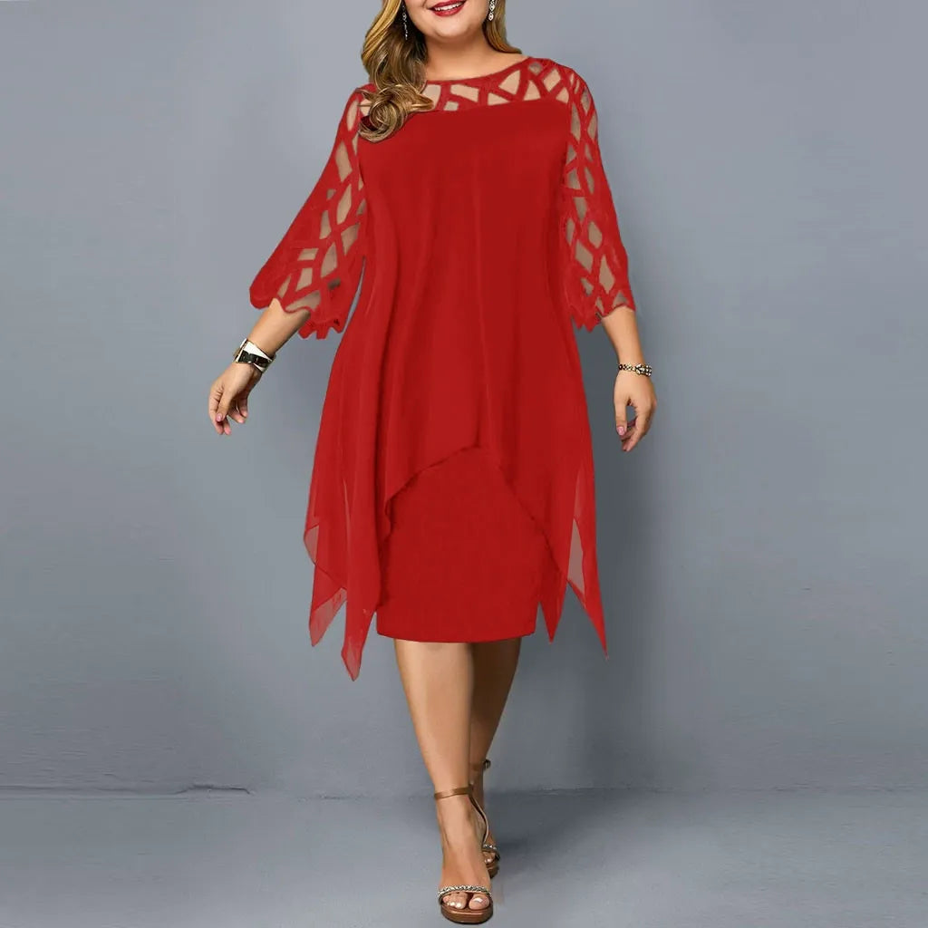Damen Midikleid – Chiffon – Spitze – Asymmetrischer Saum – 3/4 Arm – Lockerer Schnitt