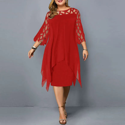 Damen Midikleid – Chiffon – Spitze – Asymmetrischer Saum – 3/4 Arm – Lockerer Schnitt