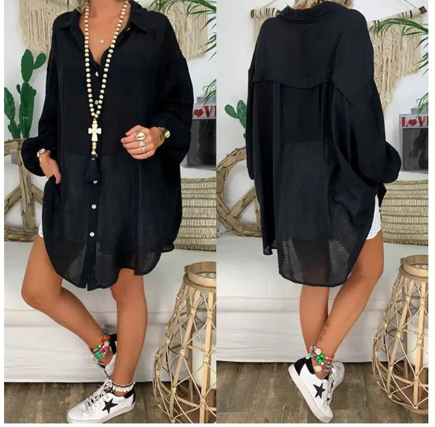 Damen Bluse – Oversized Fit – Langarm – Knopfleiste – Baumwolle-Leinen – Locker Casual