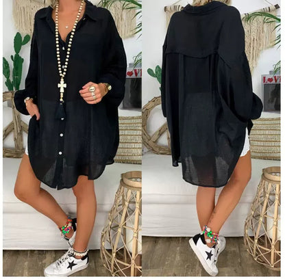 Damen Bluse – Oversized Fit – Langarm – Knopfleiste – Baumwolle-Leinen – Locker Casual