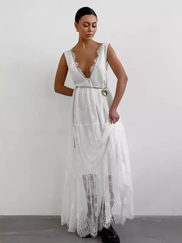 Damen Maxikleid – Spitze – Ärmellos – Tiefes V-Ausschnitt – Fließende Passform