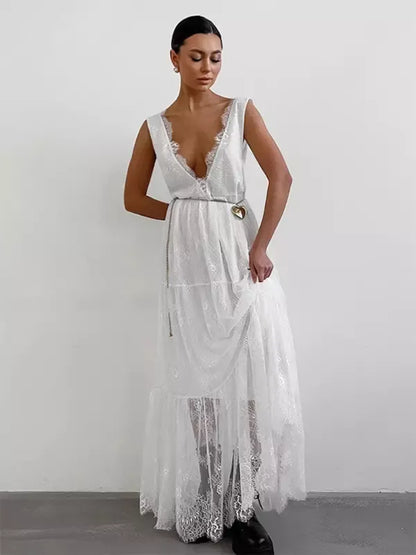 Damen Maxikleid – Spitze – Ärmellos – Tiefes V-Ausschnitt – Fließende Passform