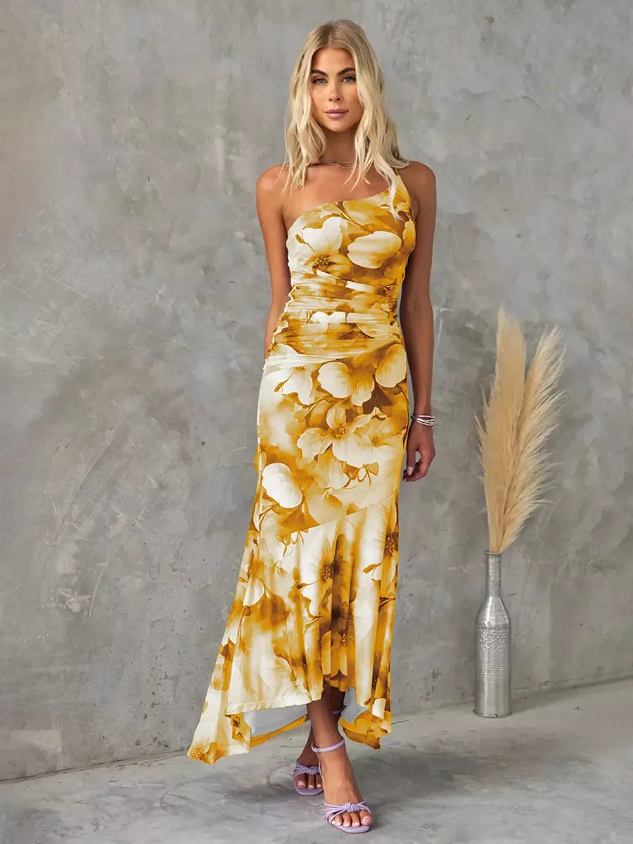 Damen Maxikleid – One-Shoulder Design – Florales Muster – Raffung – Fließender Schnitt