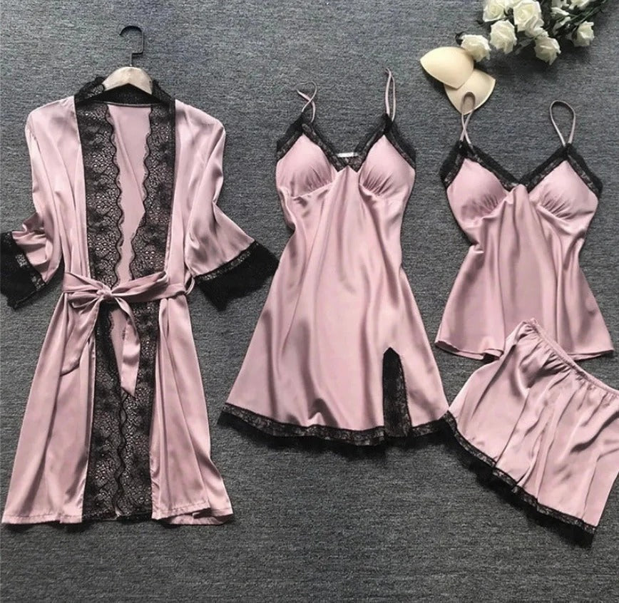 Damen Nachtwäsche Set – Satin Look – Spitze – Lockerer Schnitt – 4-teiliges Ensemble