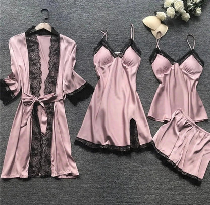 Damen Nachtwäsche Set – Satin Look – Spitze – Lockerer Schnitt – 4-teiliges Ensemble