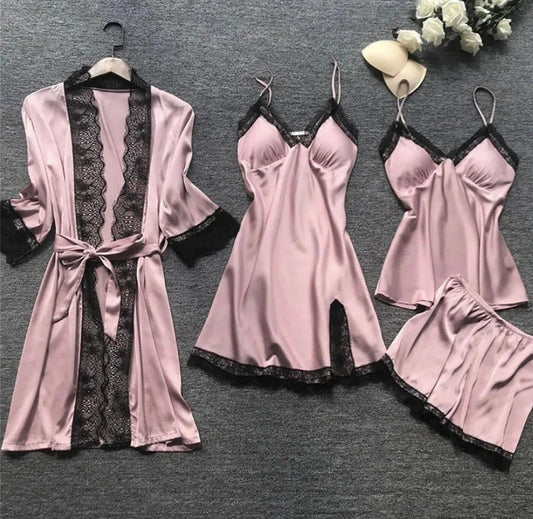 Damen Nachtwäsche Set – Satin Look – Spitze – Lockerer Schnitt – 4-teiliges Ensemble