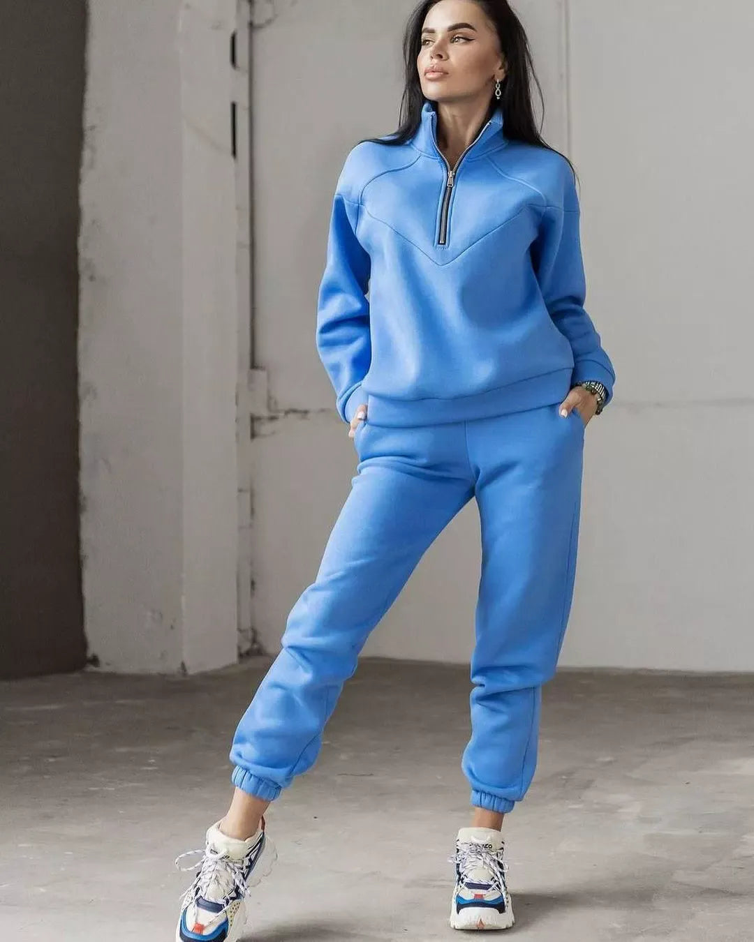 Damen Loungewear Set – Fleecepullover mit Halbreißverschluss – Jogginghose – Lockerer Schnitt