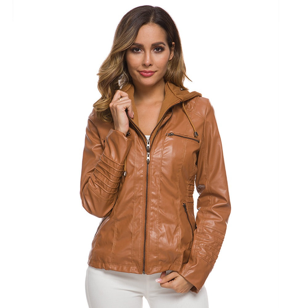 Damen Lederjacke – Slim Fit – Kapuze – Reißverschlusstaschen – Taillenlang