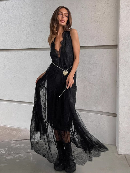 Damen Maxikleid – Spitze – Ärmellos – Tiefes V-Ausschnitt – Fließende Passform