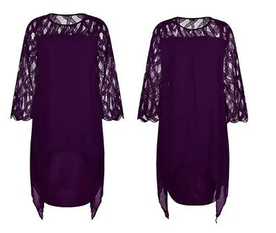 Damen Midikleid – Chiffon – Spitze – Asymmetrischer Saum – 3/4 Arm – Lockerer Schnitt