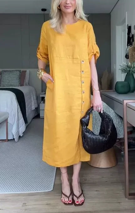 Damen Midikleid – Baumwoll Leinen – Lockerer Schnitt – Kurzarm – Knopfdetail
