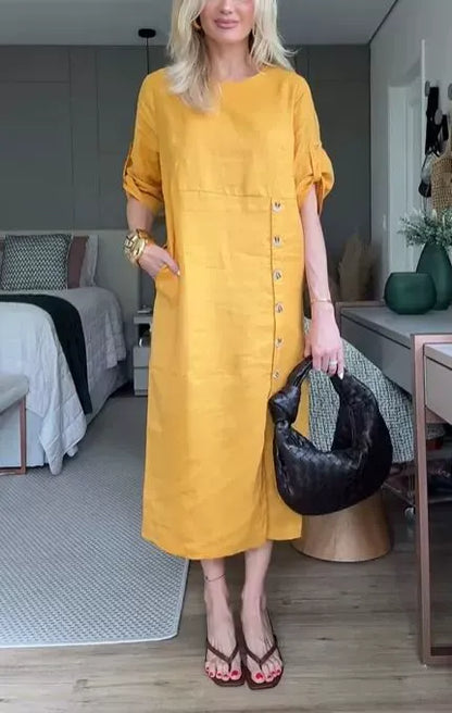 Damen Midikleid – Baumwoll Leinen – Lockerer Schnitt – Kurzarm – Knopfdetail